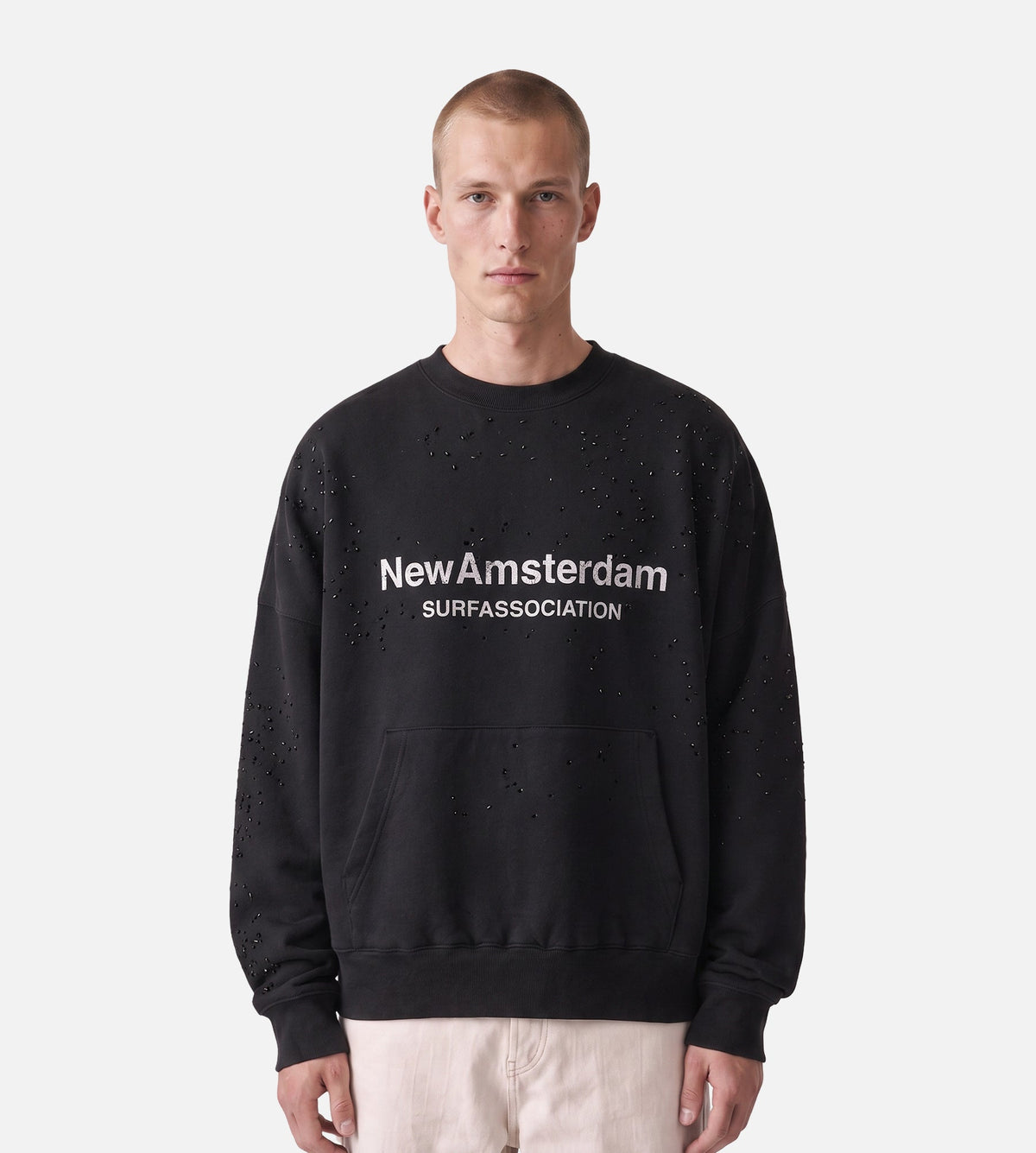 New Amsterdam Surf Association Worked Logo Crewneck Strass Black White