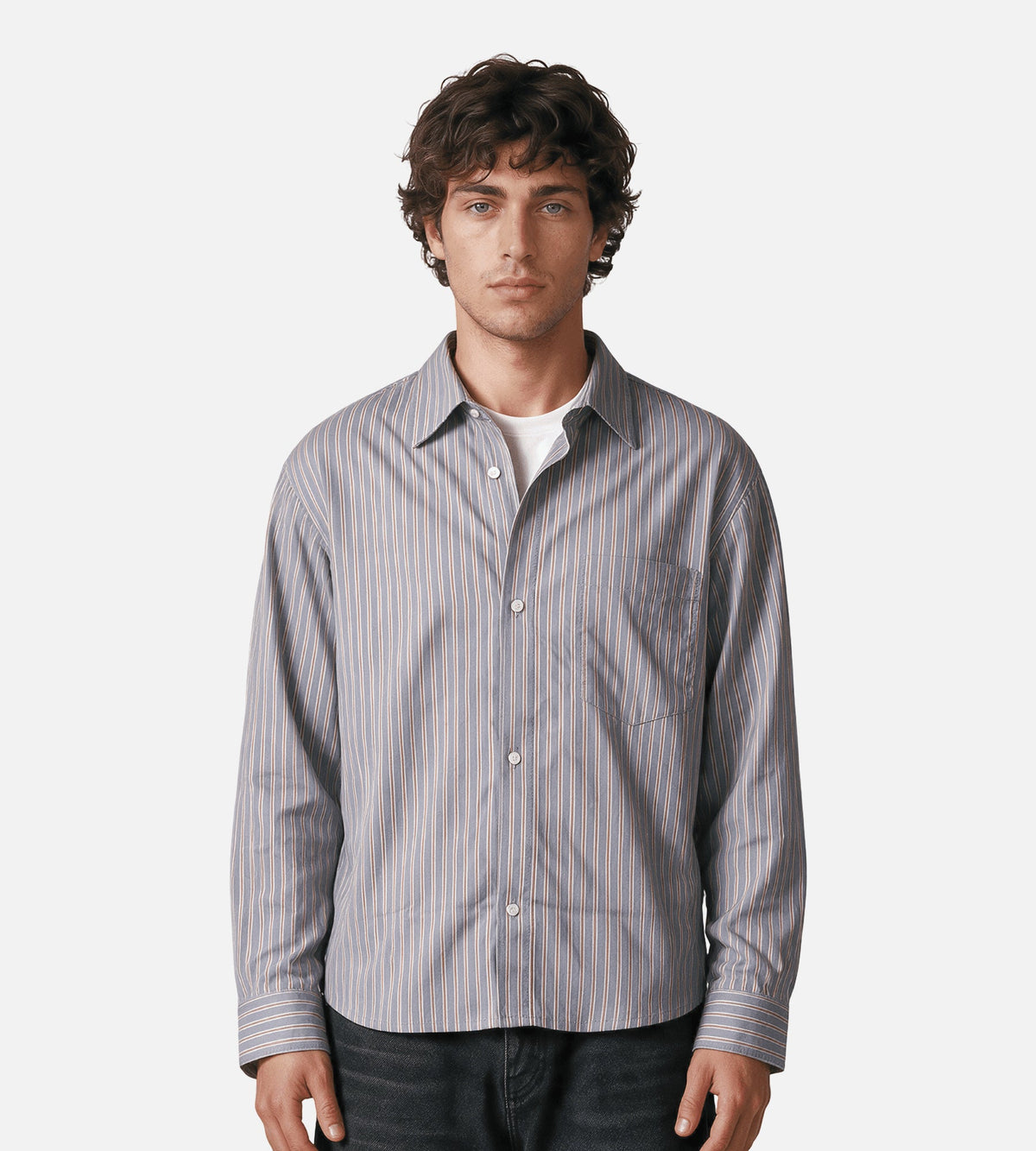 Won Hundred Maza Stripe Shirt Steel Grey COMB.