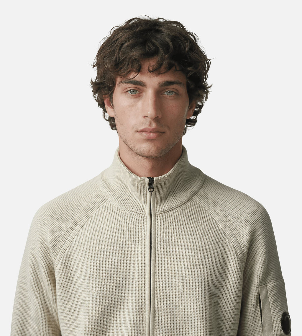 C.P. Company Waffle Knit Cotton Zip Lens Cardigan Silver Birch