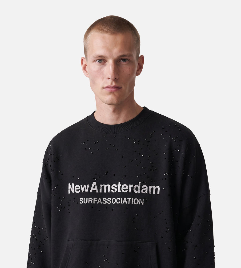 New Amsterdam Surf Association Worked Logo Crewneck Strass Black White