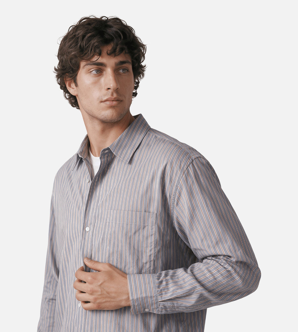 Won Hundred Maza Stripe Shirt Steel Grey COMB.