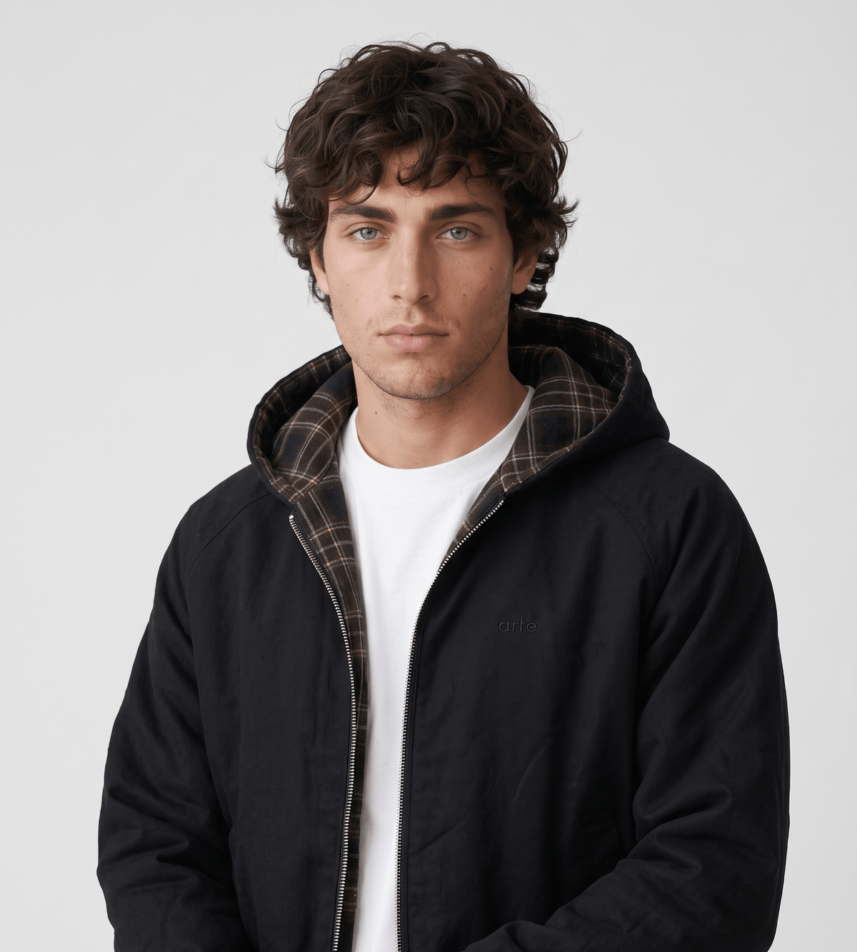 Arte Antwerp Reversible Plaid Hooded Jacket Black