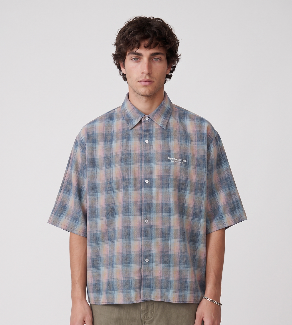New Amsterdam Surf Association Flanel Short Sleeve Button Up Rainbow Check