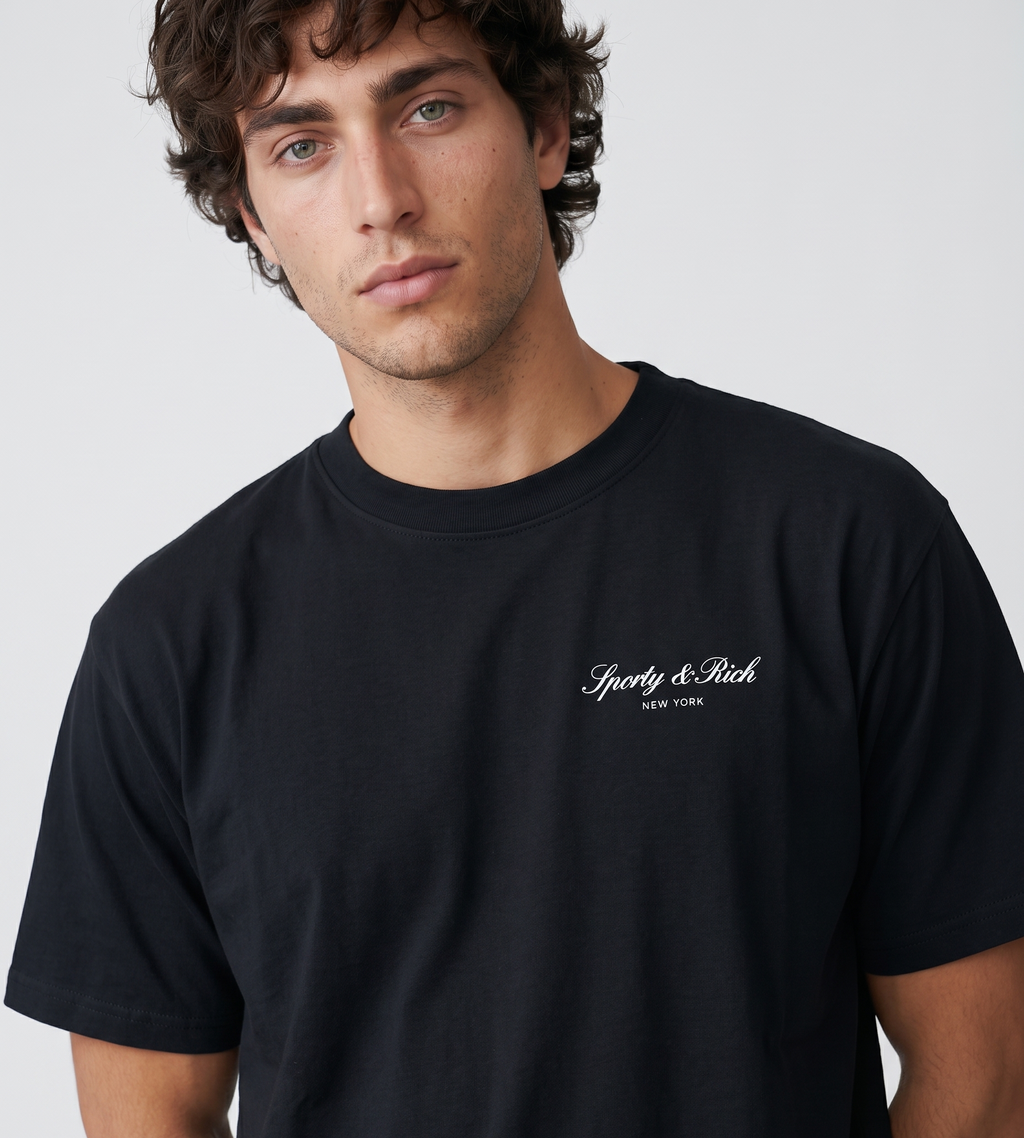 Sporty & Rich Signature NY T-Shirt Faded Black White